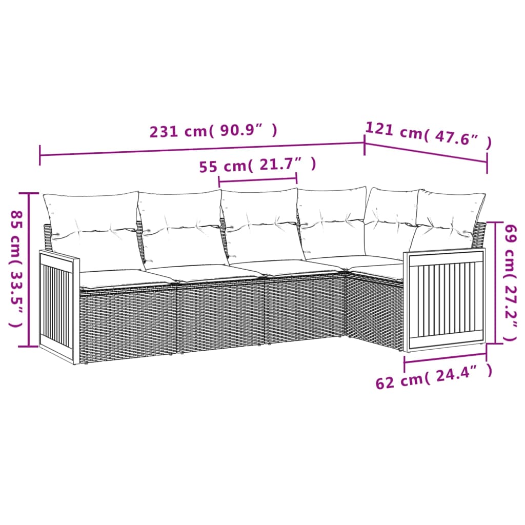 5-delige Loungeset met kussens poly rattan zwart