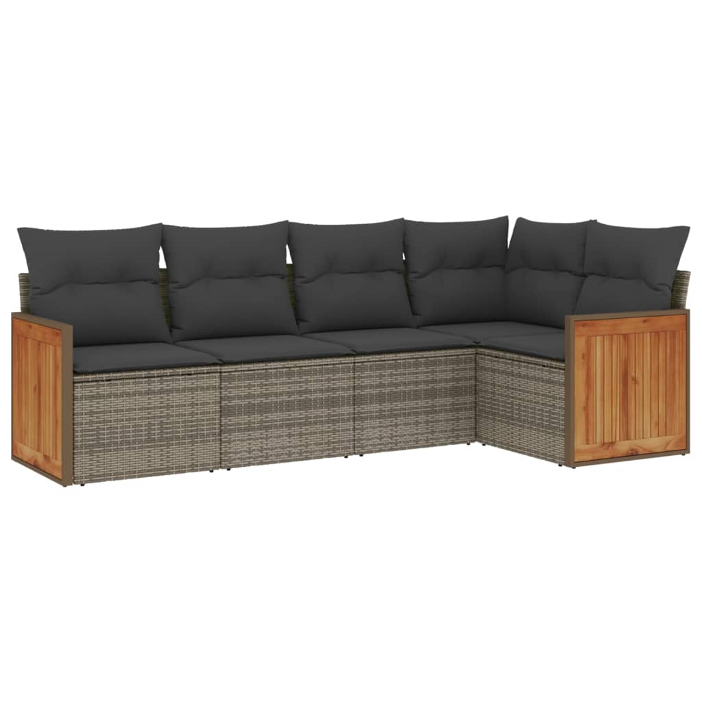 5-delige Loungeset met kussens poly rattan grijs