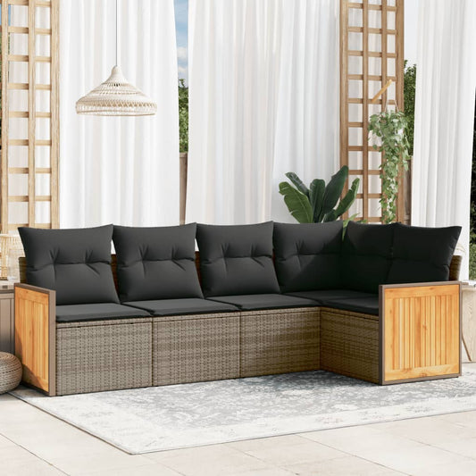 5-delige Loungeset met kussens poly rattan grijs