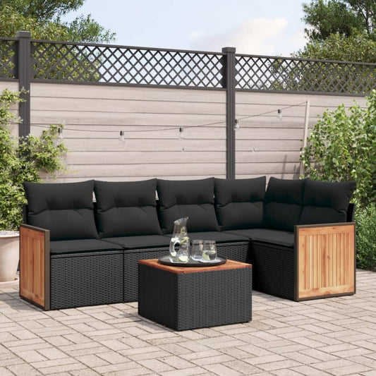 6-delige Loungeset met kussens poly rattan zwart