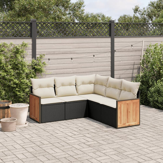 5-delige Loungeset met kussens poly rattan zwart