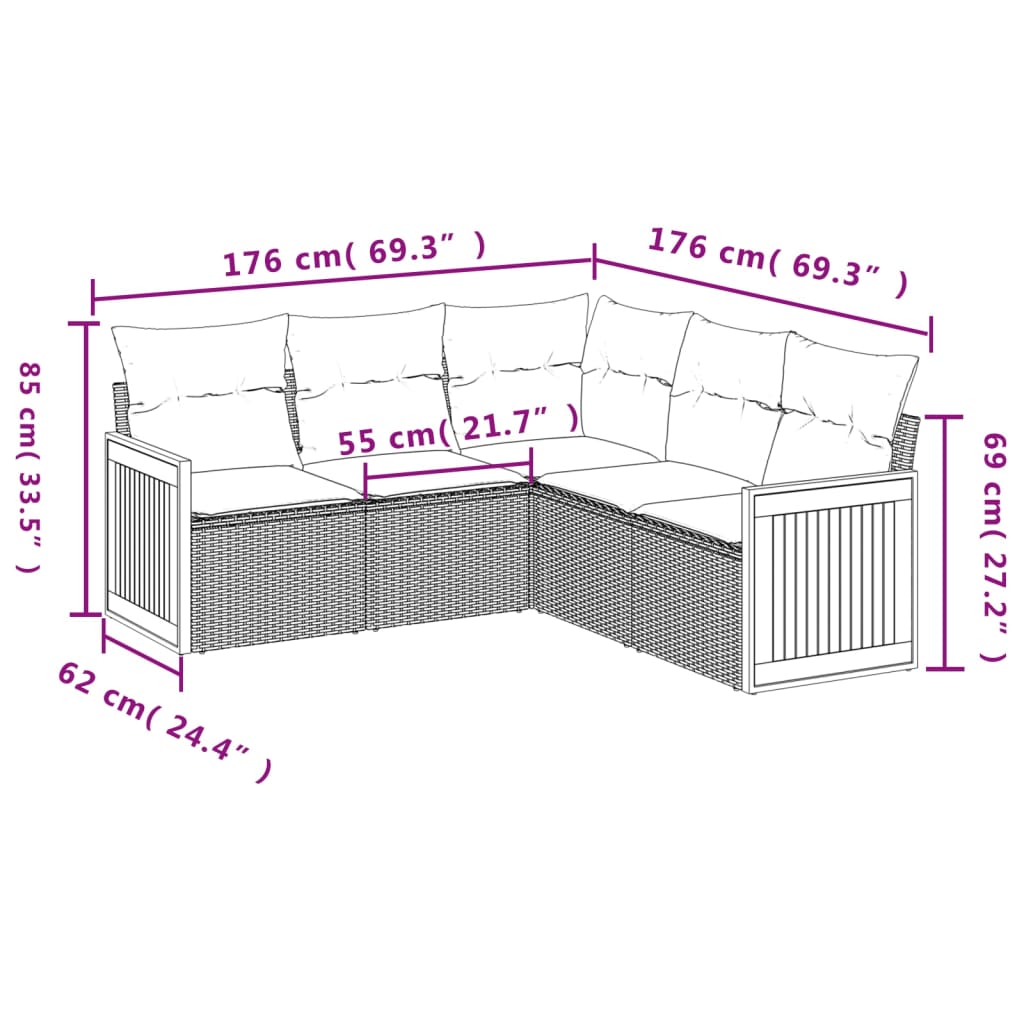 5-delige Loungeset met kussens poly rattan grijs