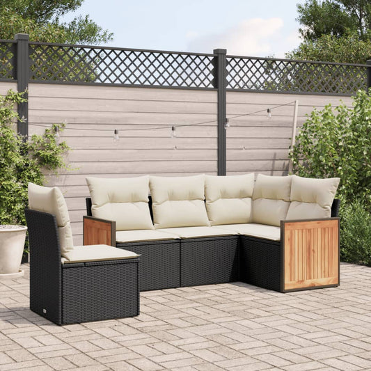 5-delige Loungeset met kussens poly rattan zwart