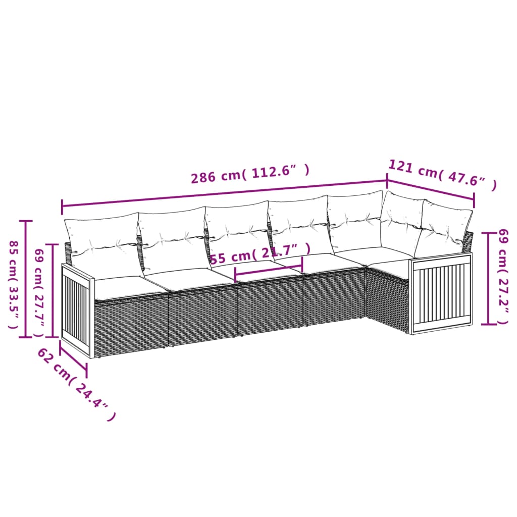 6-delige Loungeset met kussens poly rattan beige