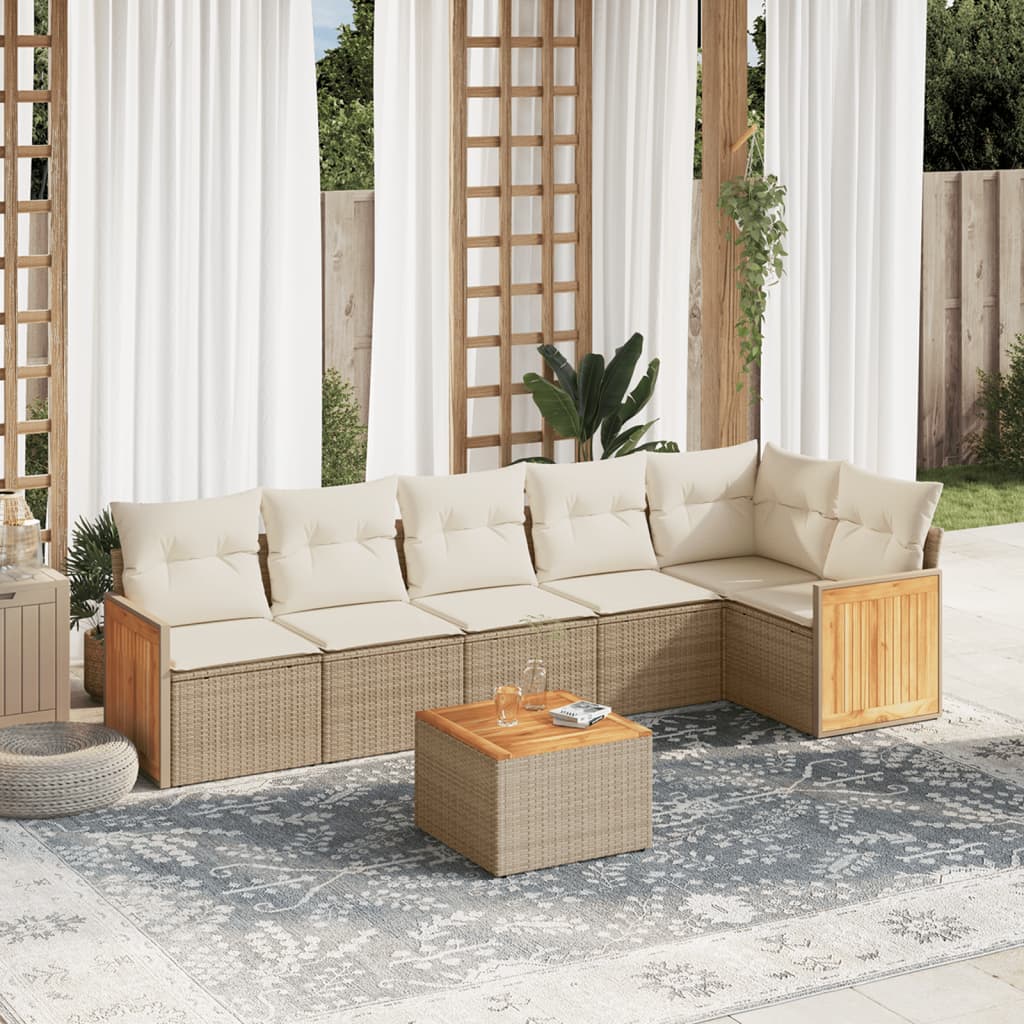 7-delige Loungeset met kussens poly rattan beige