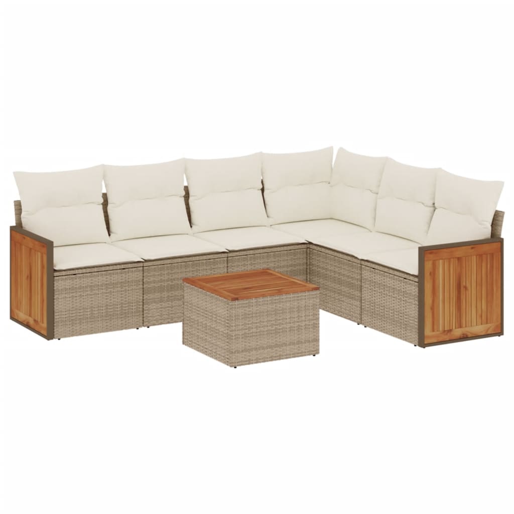 7-delige Loungeset met kussens poly rattan beige