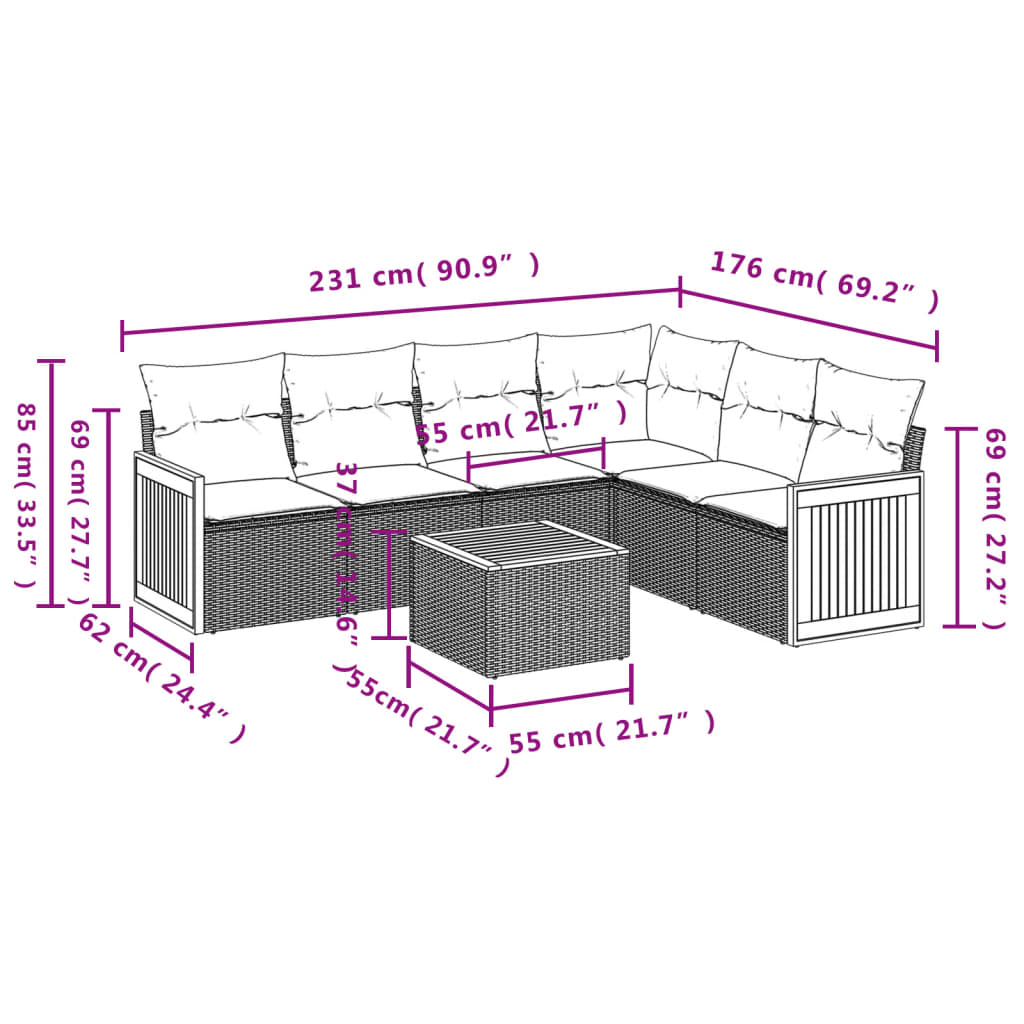 7-delige Loungeset met kussens poly rattan beige