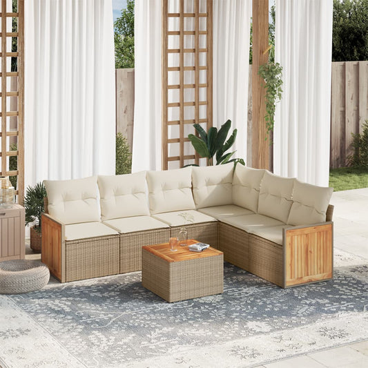 7-delige Loungeset met kussens poly rattan beige