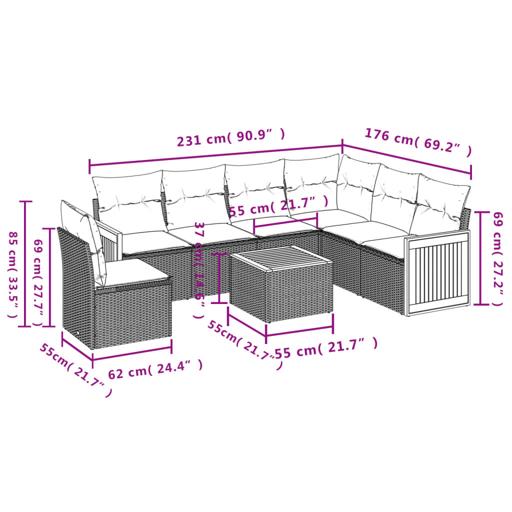 7-delige Loungeset met kussens poly rattan beige