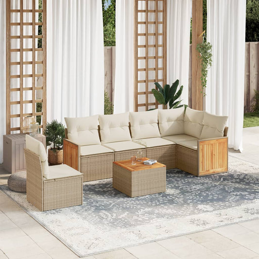 7-delige Loungeset met kussens poly rattan beige