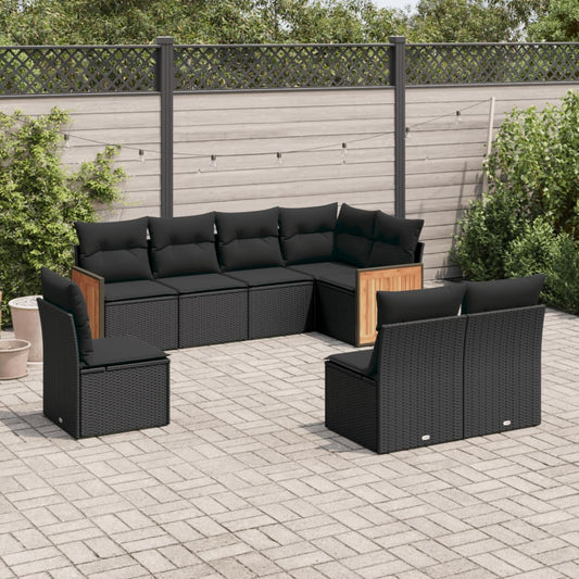 8-delige Loungeset met kussens poly rattan zwart