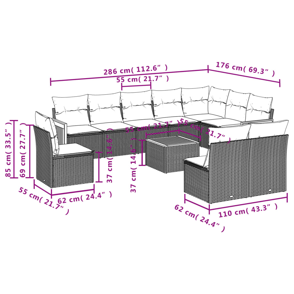 11-delige Tuinset met kussens poly rattan beige