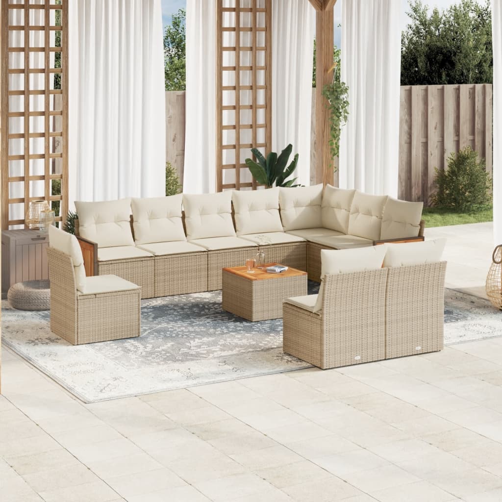 11-delige Tuinset met kussens poly rattan beige