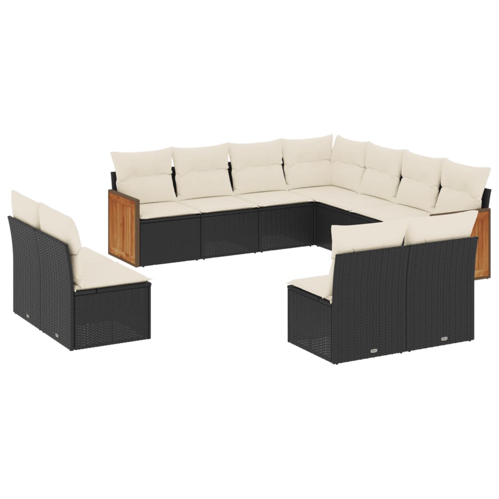 11-delige Loungeset met kussens poly rattan zwart