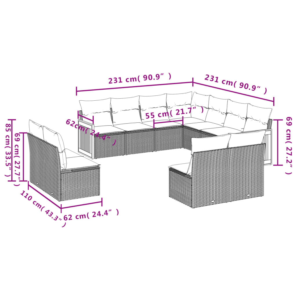 11-delige Loungeset met kussens poly rattan zwart