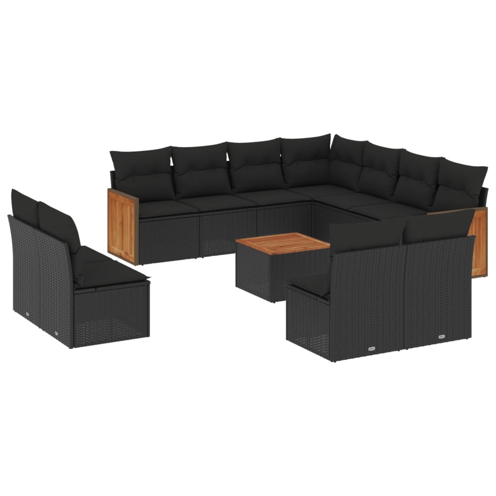 12-delige Loungeset met kussens poly rattan zwart