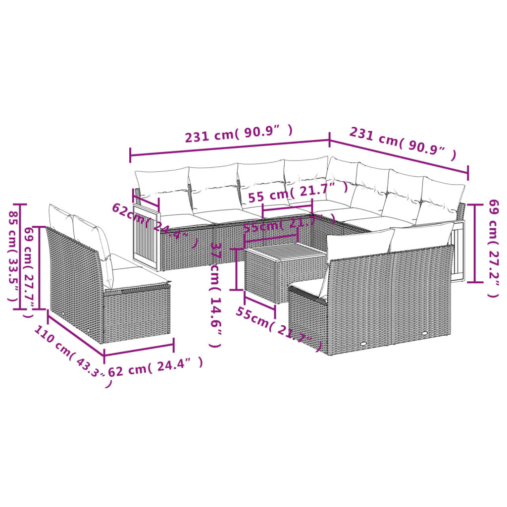 12-delige Loungeset met kussens poly rattan zwart