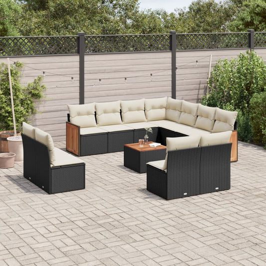 12-delige Loungeset met kussens poly rattan zwart