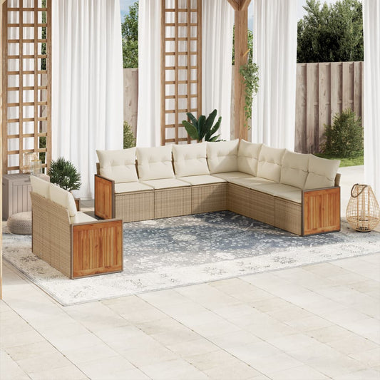 9-delige Loungeset met kussens poly rattan beige