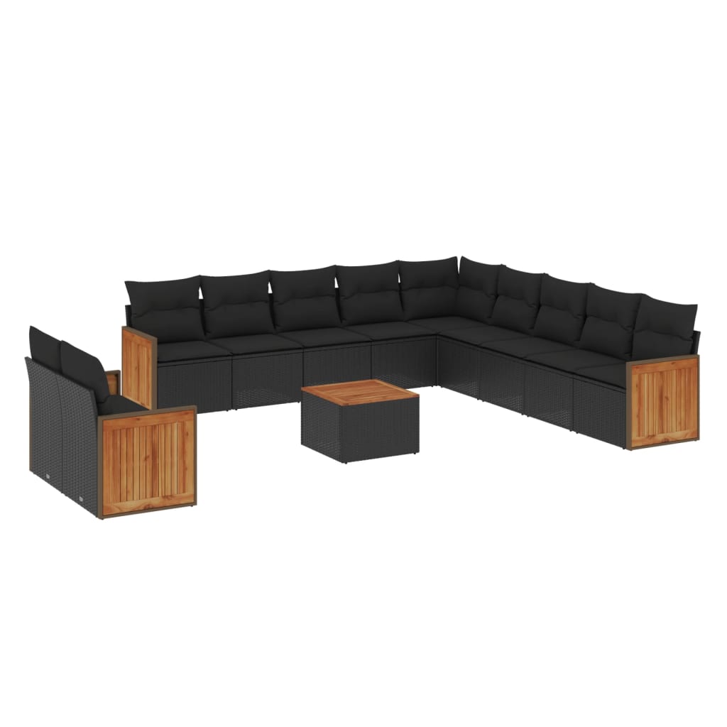 12-delige Loungeset met kussens poly rattan zwart