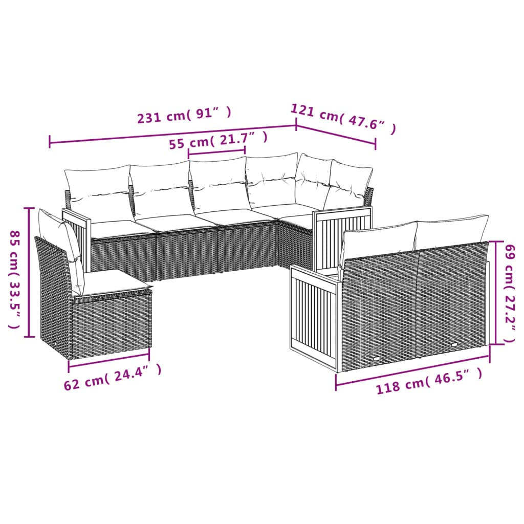 8-delige Loungeset met kussens poly rattan grijs