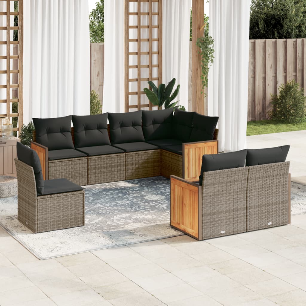 8-delige Loungeset met kussens poly rattan grijs