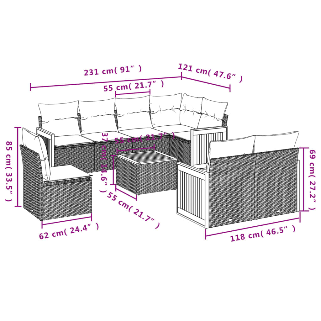 9-delige Loungeset met kussens poly rattan beige