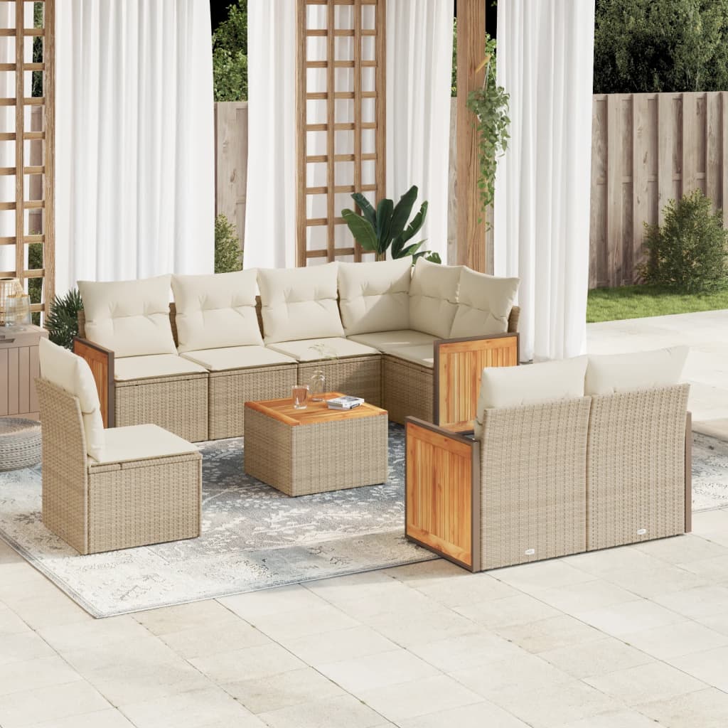 9-delige Loungeset met kussens poly rattan beige