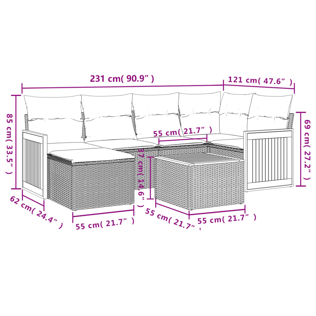 7-delige Loungeset met kussens poly rattan beige