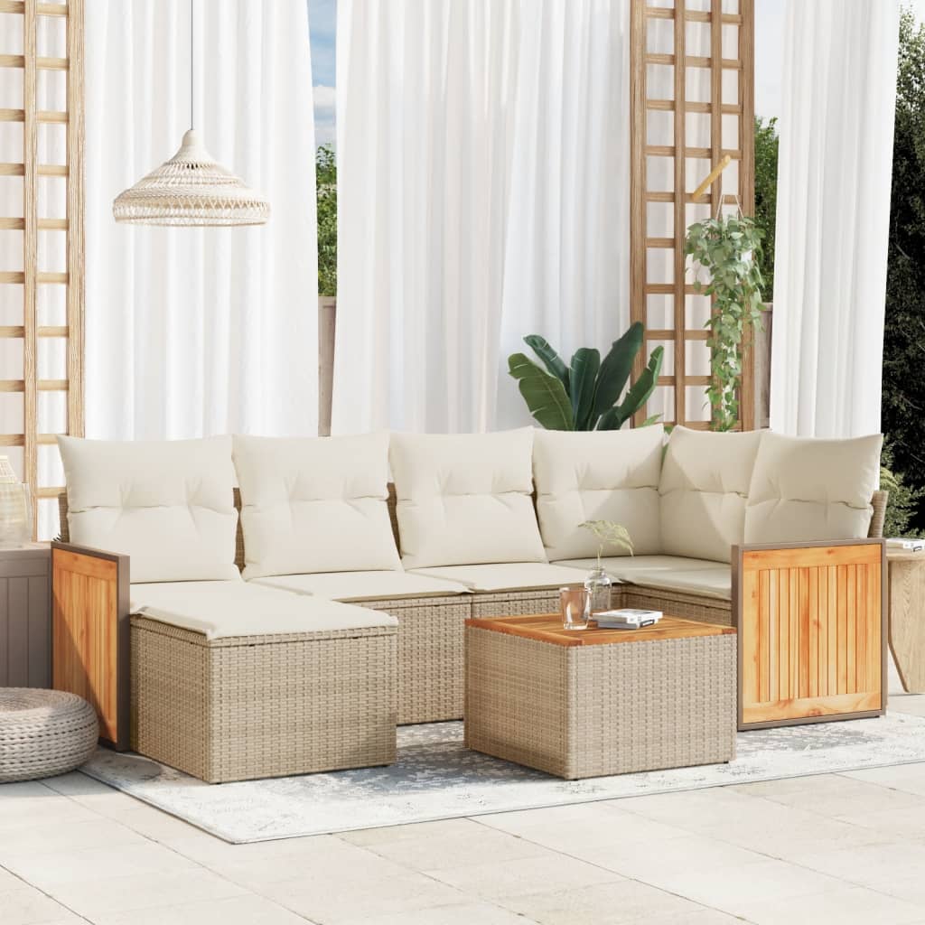 7-delige Loungeset met kussens poly rattan beige