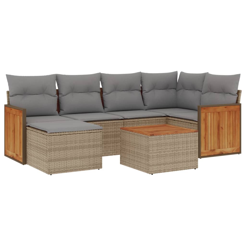 7-delige Loungeset met kussens poly rattan beige