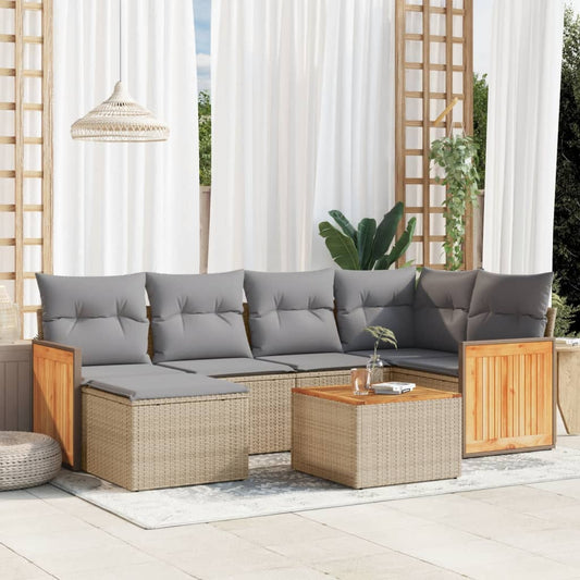 7-delige Loungeset met kussens poly rattan beige