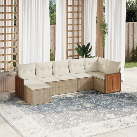 7-delige Loungeset met kussens poly rattan beige