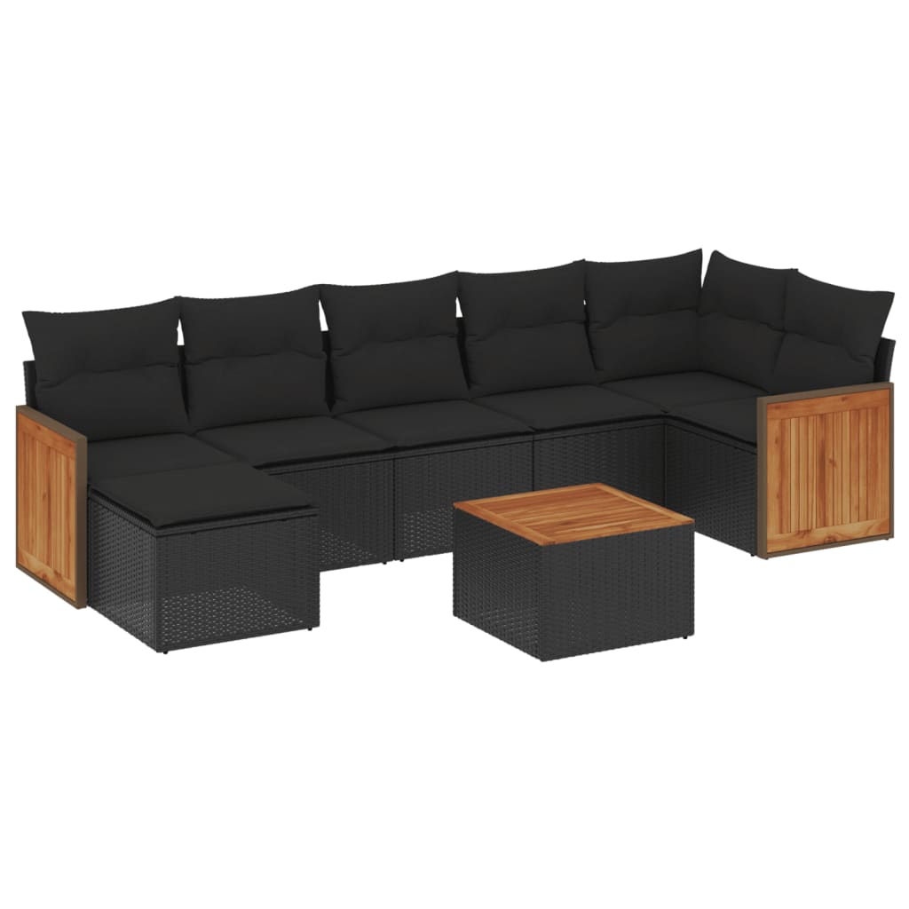 8-delige Loungeset met kussens poly rattan zwart