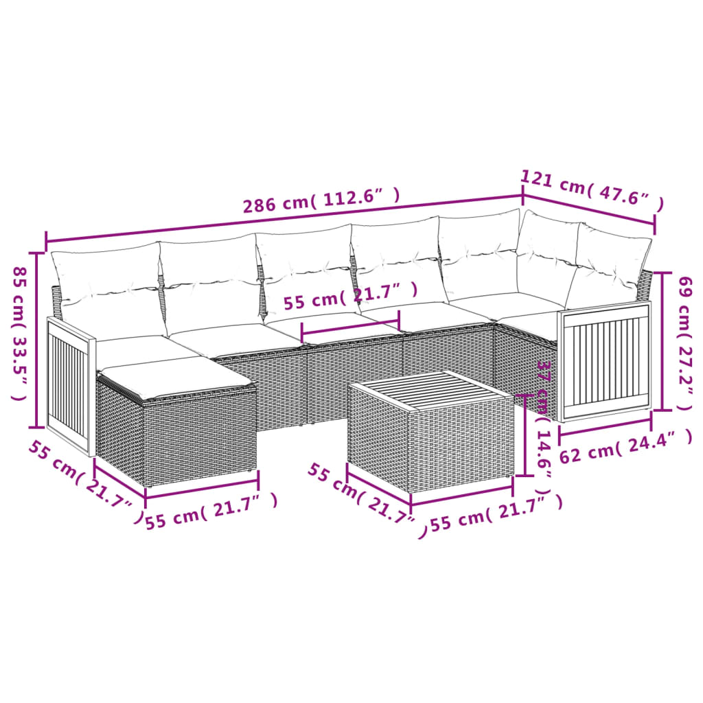 8-delige Loungeset met kussens poly rattan zwart