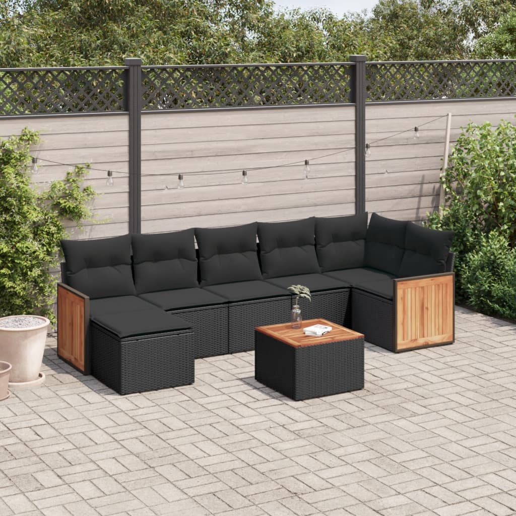 8-delige Loungeset met kussens poly rattan zwart