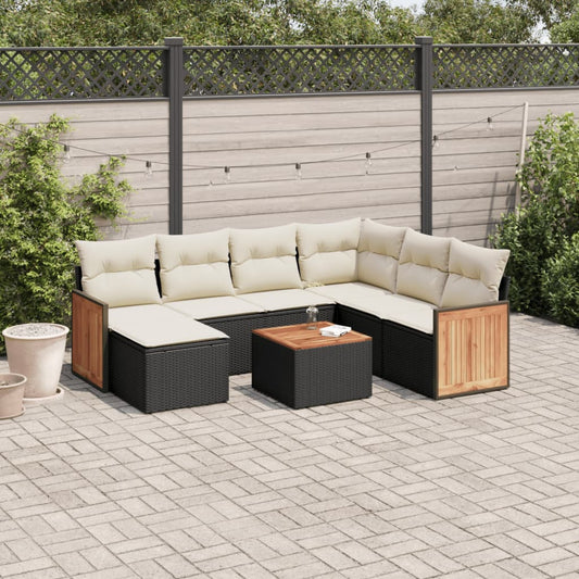 8-delige Loungeset met kussens poly rattan zwart