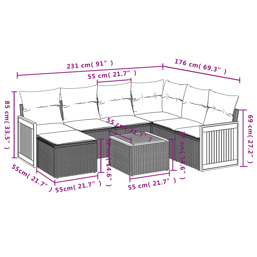 8-delige Loungeset met kussens poly rattan grijs