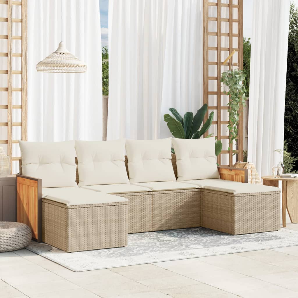 6-delige Loungeset met kussens poly rattan beige