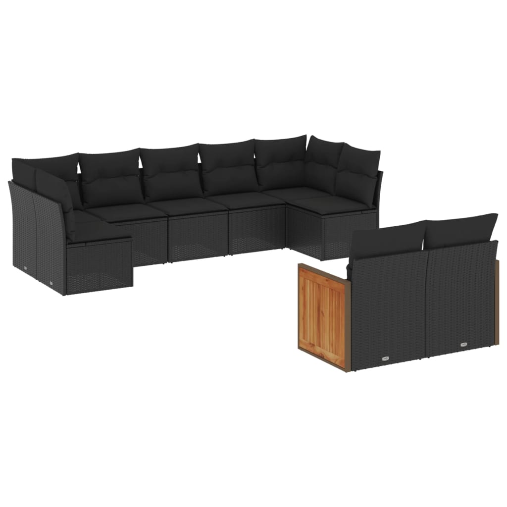 9-delige Loungeset met kussens poly rattan zwart