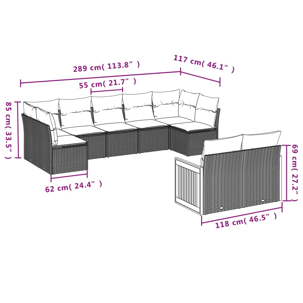 9-delige Loungeset met kussens poly rattan zwart