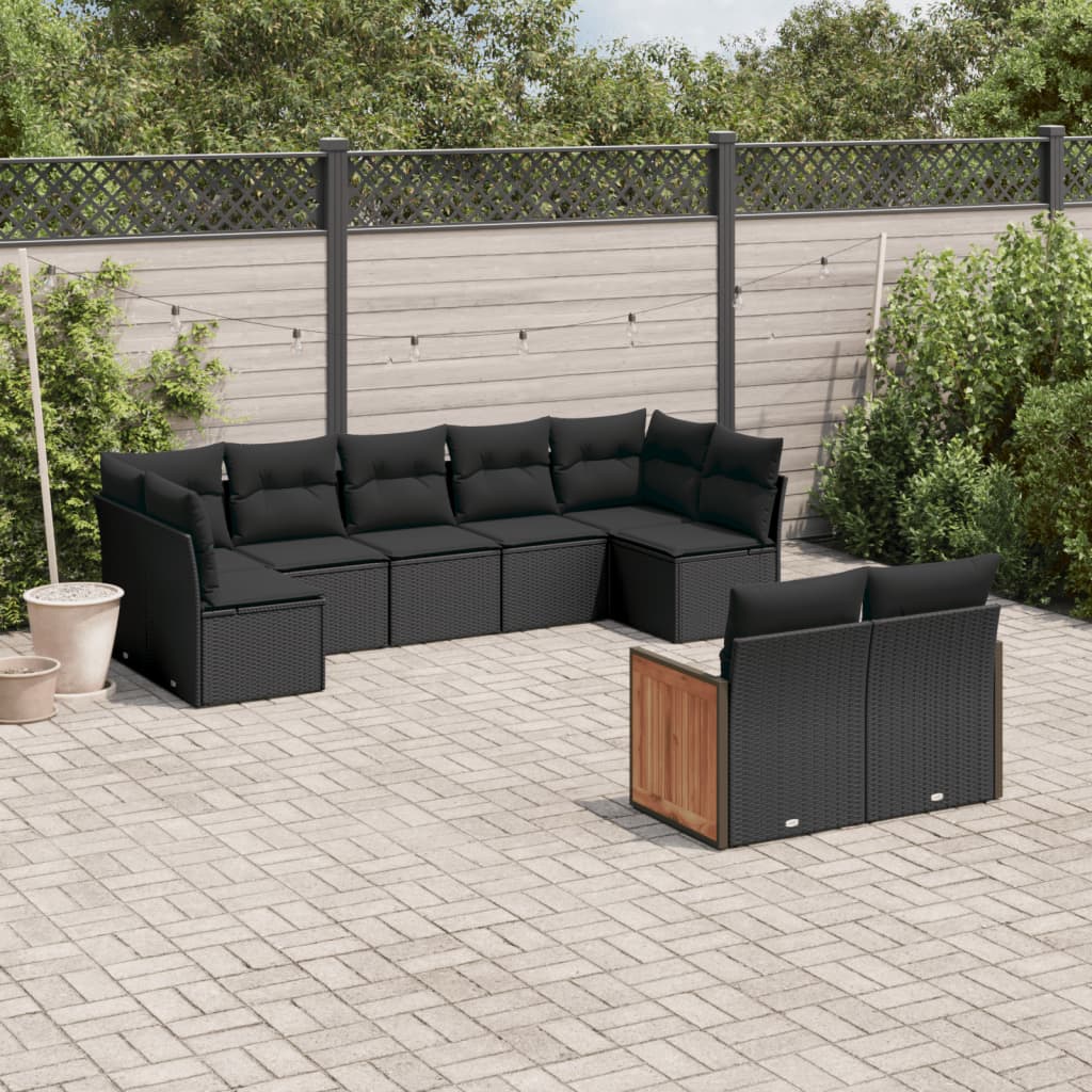 9-delige Loungeset met kussens poly rattan zwart