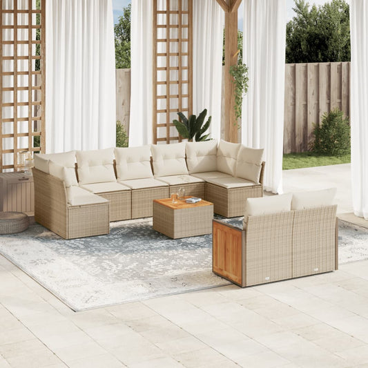 10-delige Loungeset met kussens poly rattan beige