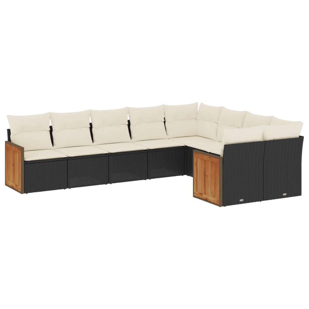 9-delige Loungeset met kussens poly rattan zwart