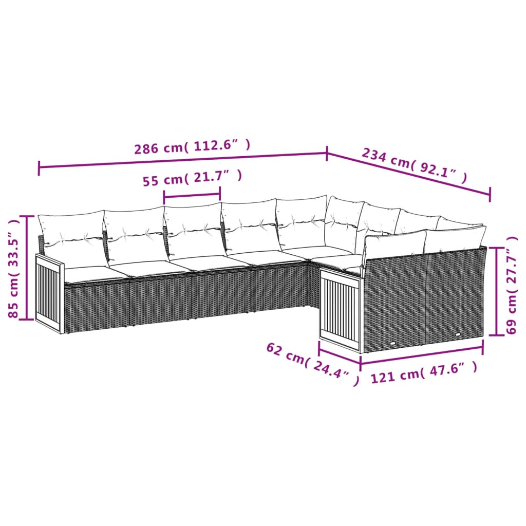 9-delige Loungeset met kussens poly rattan zwart