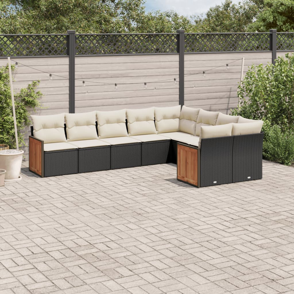 9-delige Loungeset met kussens poly rattan zwart