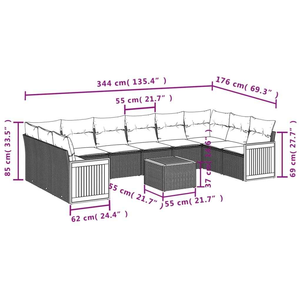 11-delige Tuinset met kussens poly rattan beige