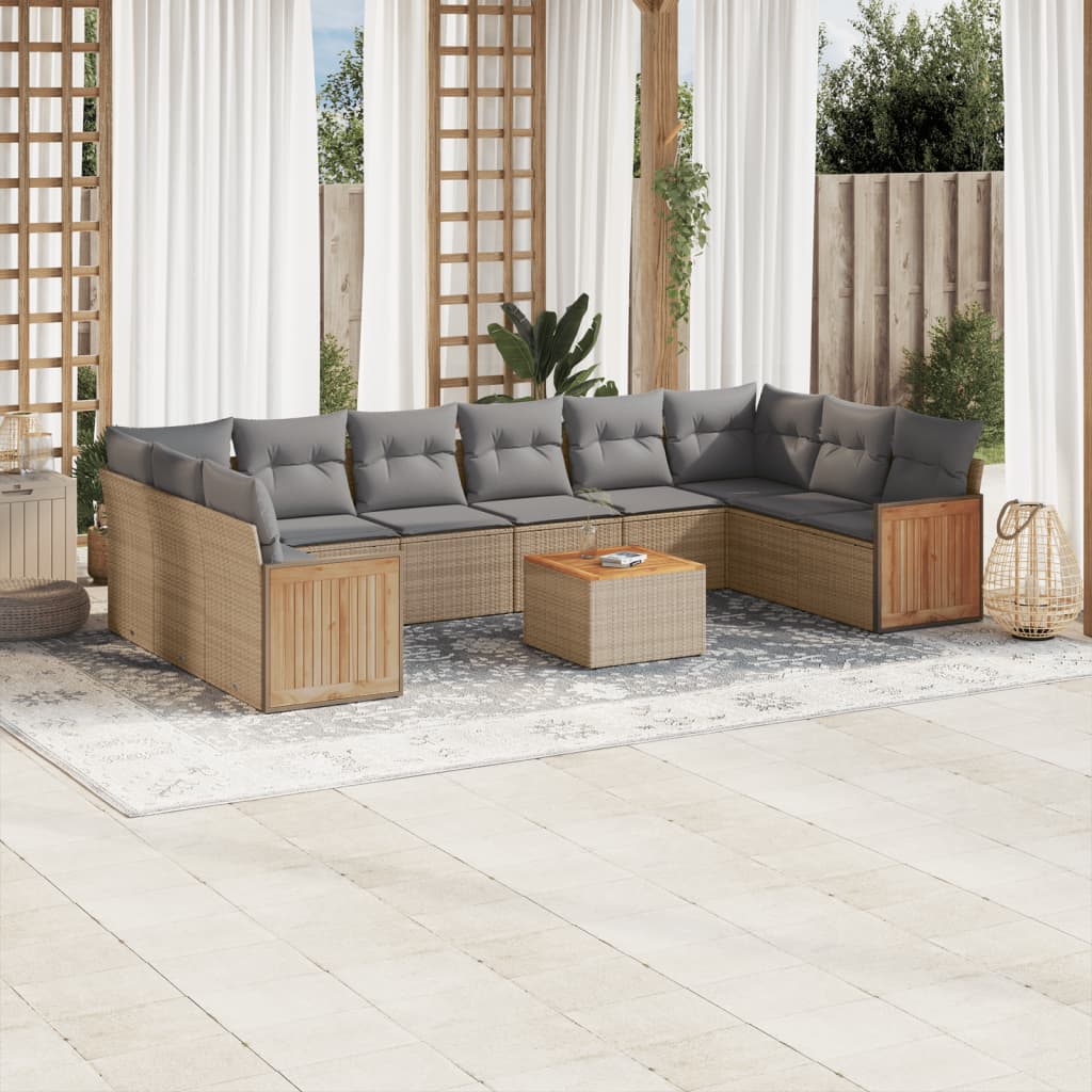 11-delige Tuinset met kussens poly rattan beige