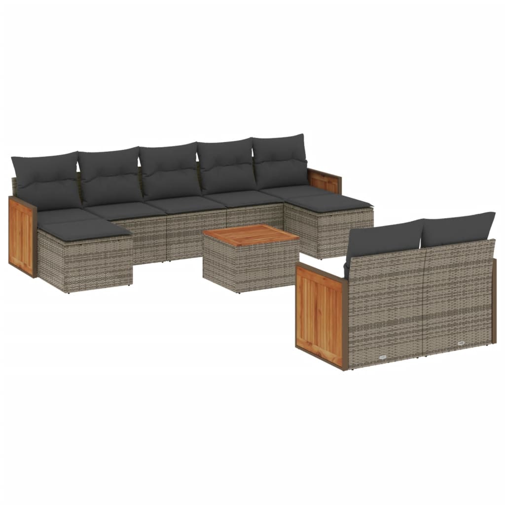 10-delige Loungeset met kussens poly rattan grijs