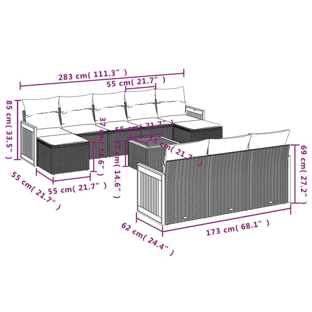 11-delige Tuinset met kussens poly rattan beige